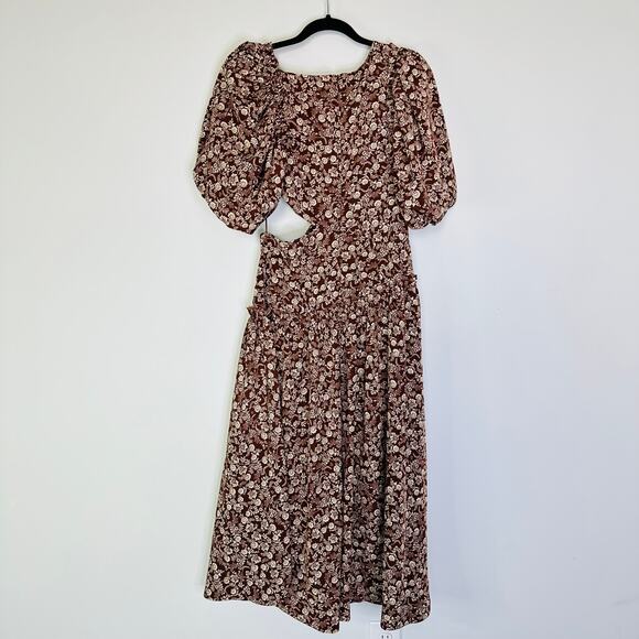 Sophie The Label Cut Out Puff Sleeve Brown floral midi dress - Picture 5 of 9
